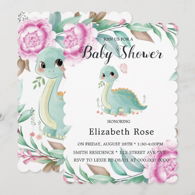 Niedliche Dinosaurier und Pink Peony Baby Dusche l Einladung (Vorne/Hinten)