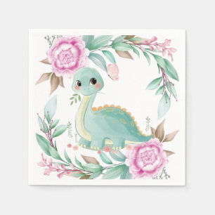 Niedliche Dinosaurier und Pink Peony Baby Dusche Serviette