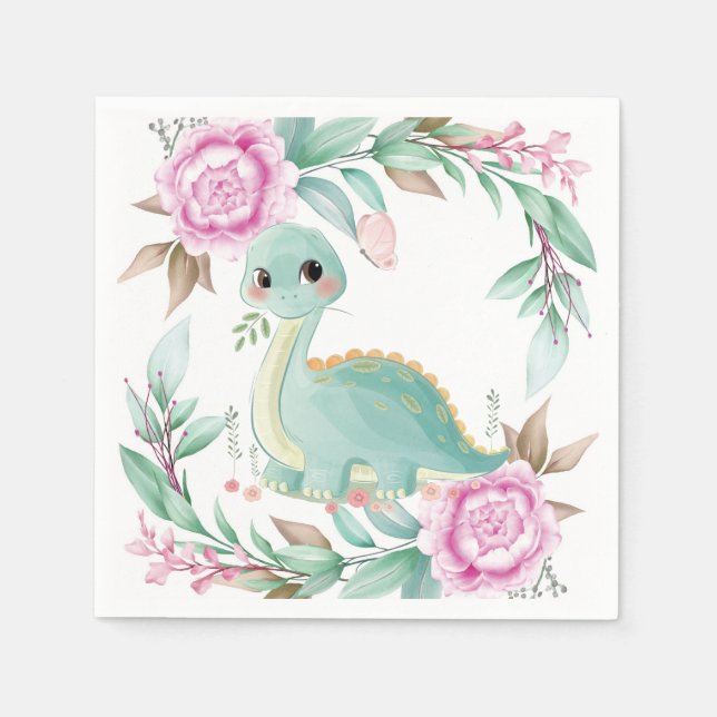 Niedliche Dinosaurier und Pink Peony Baby Dusche Serviette (Vorderseite)