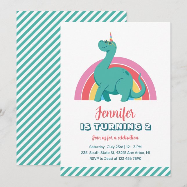 Niedliche Dinosaurier und Regenbogen Kinder Dino G Einladung (Vorne/Hinten)