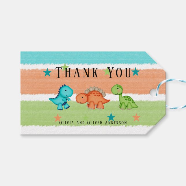 Niedliche Dinosaurier und Stars Kinderdusche Danke Geschenkanhänger (Vorderseite (Horizontal))