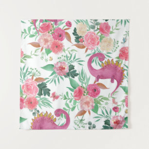 Niedliche Dinosaurier Vintages Blumenmuster Wandteppich