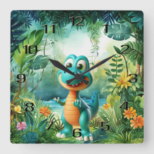 Niedliche Dinosaurier-Wall-Uhr Quadratische Wanduhr