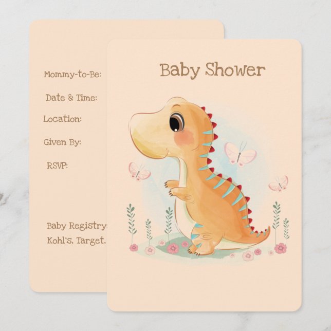 Niedliche Dinosaurier Wasserfarbe Kinderdusche Einladung (Vorne/Hinten)