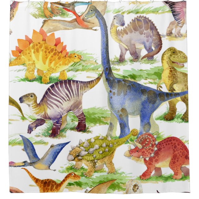 Niedliche Dinosaurier Wasserfarbe Nahtlose Kunst Duschvorhang (Vorderseite)