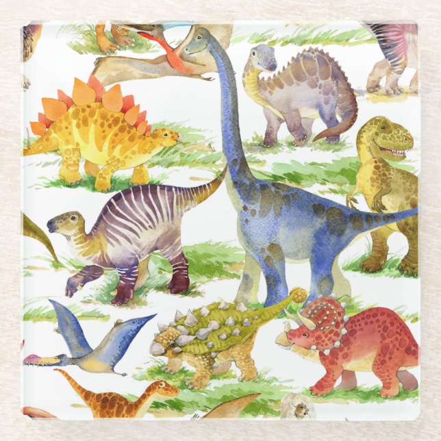 Niedliche Dinosaurier Wasserfarbe Nahtlose Kunst Glasuntersetzer (Vorderseite)