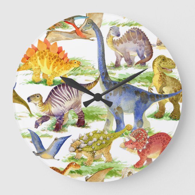 Niedliche Dinosaurier Wasserfarbe Nahtlose Kunst Große Wanduhr (Vorderseite)