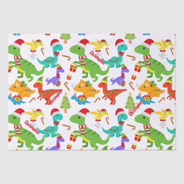 Niedliche Dinosaurier Weihnachten Personalisiert Seidenpapier (Vorderseite)