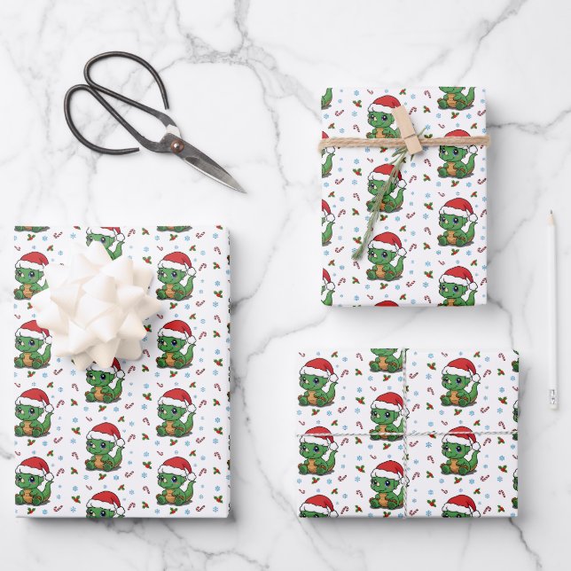 Niedliche Dinosaurier Weihnachtsmannmütze Weihnach Geschenkpapier Set (Vorderseite)
