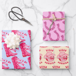 Niedliche Disco Cowgirl Horseshoe Pink Blue Beige Geschenkpapier Set