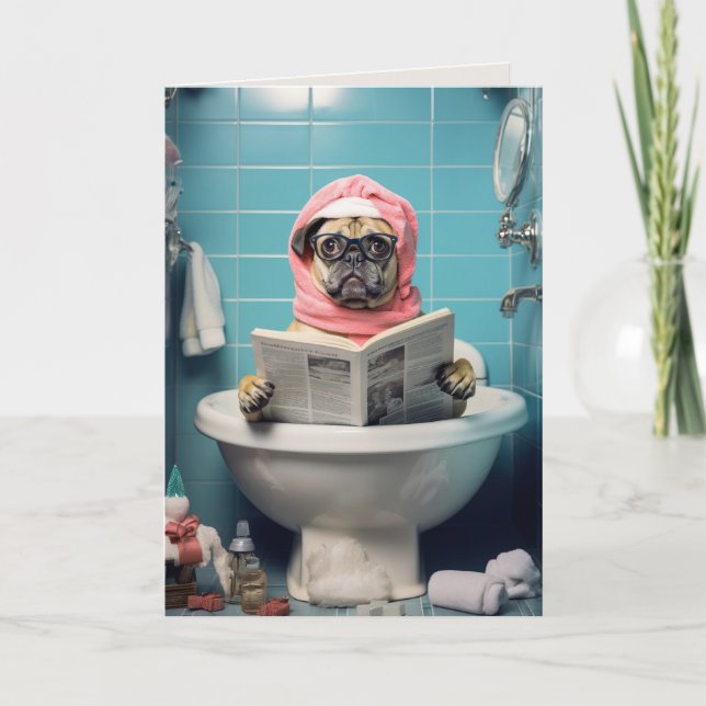 Niedliche Dog Reading Zeitung im Bad Faltkarte Dankeskarte (Vorderseite)