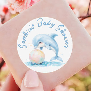 Niedliche Dolphin Dusty Blue Baby Dusche Gefallen Runder Aufkleber