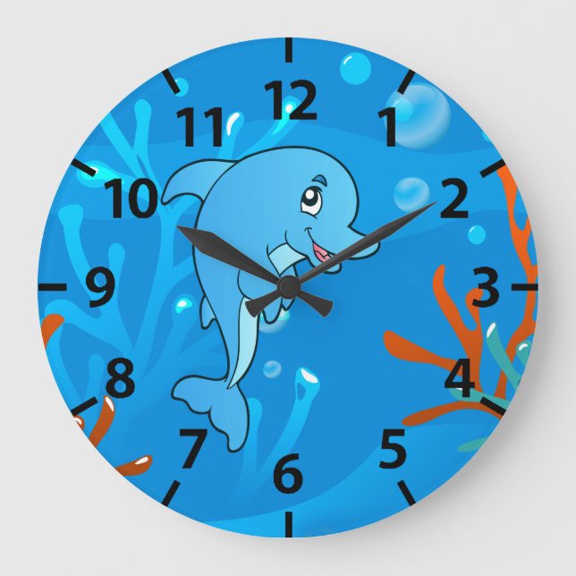 Niedliche Dolphin Ocean Aquatic Wall Clock Große Wanduhr (Vorderseite)
