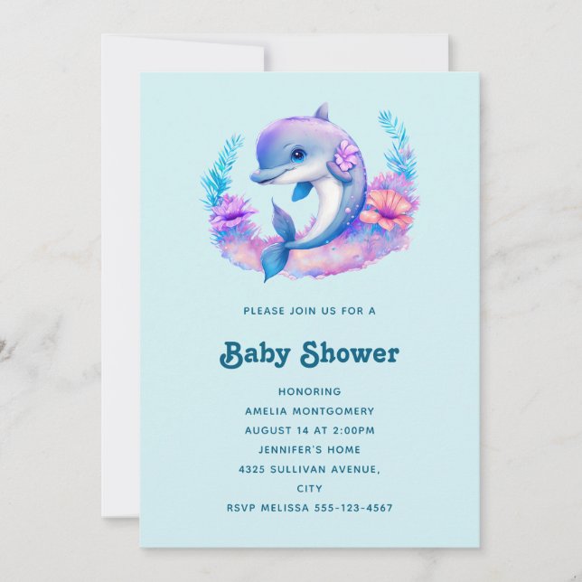Niedliche Dolphin Sea Creature Babydusche Einladung (Vorderseite)