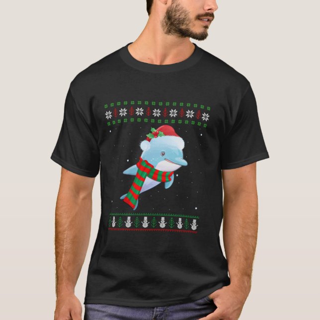 Niedliche Dolphin Xmas Ugly Sweater Style Santa Do T-Shirt (Vorderseite)