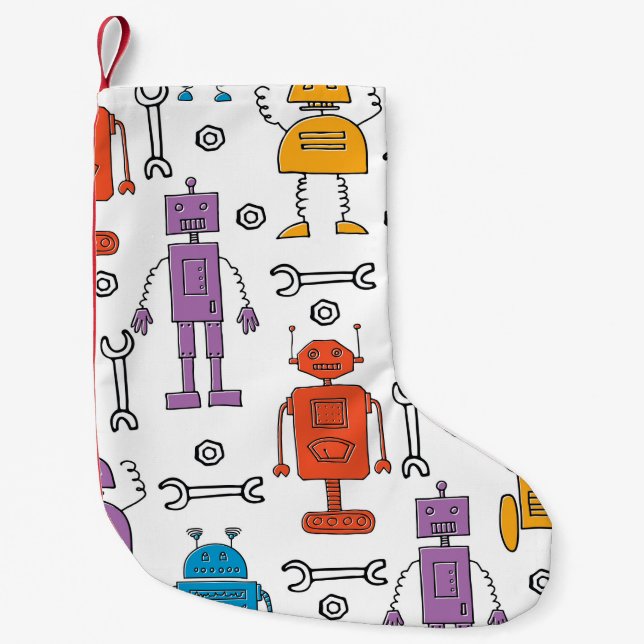 Niedliche Doodle-Roboter. Nahtloses Muster. Cartoo Kleiner Weihnachtsstrumpf (Vorderseite)