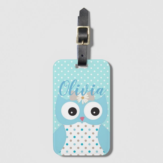 Niedliche Dotty Blue Owl Art Personalisiert Girls Gepäckanhänger (Vorderseite Vertikal)