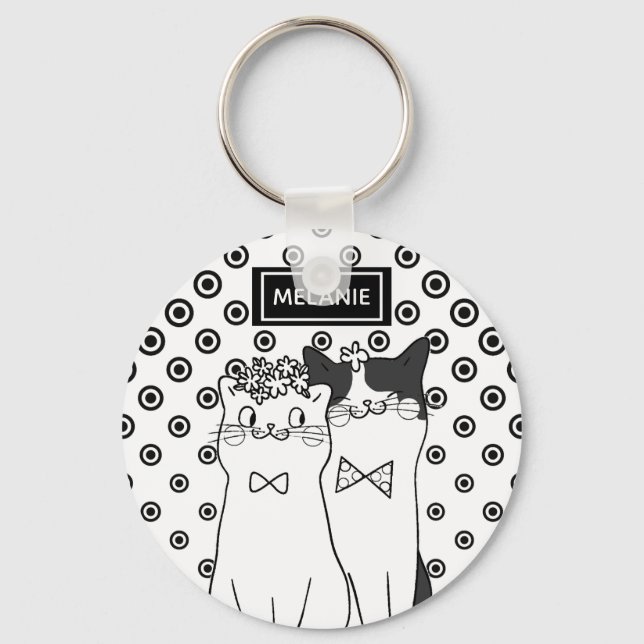 Niedliche Dotty Katzen in Liebe Personalisiert Schlüsselanhänger (Vorderseite)