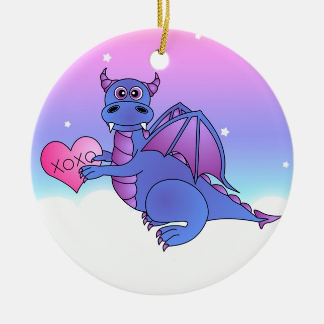 Niedliche Drache-Fliegen-Lieben Sie - blau/lila Keramik Ornament (Vorne)