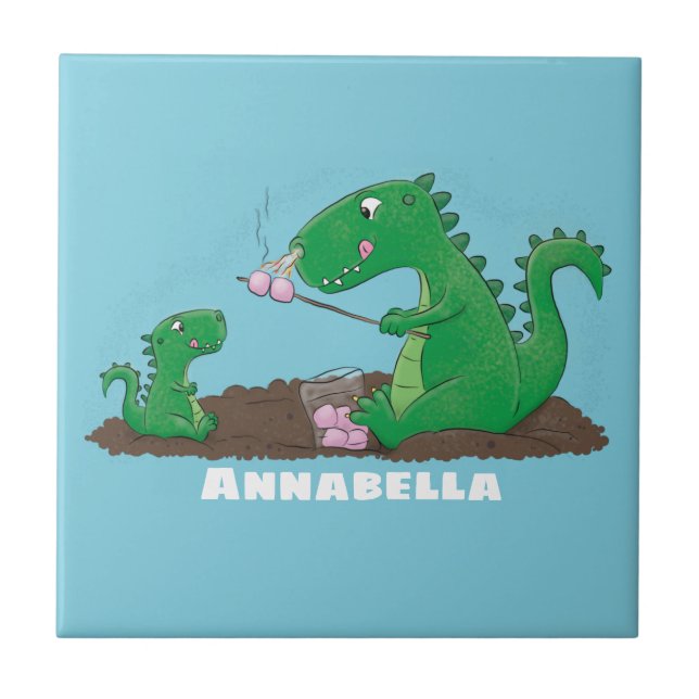 Niedliche Drachen braten Marshmallows Cartoon Fliese (Vorderseite)