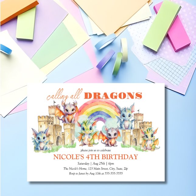 Niedliche Drachen Burg Rainbow Geburtstag Einladung (Von Creator hochgeladen)