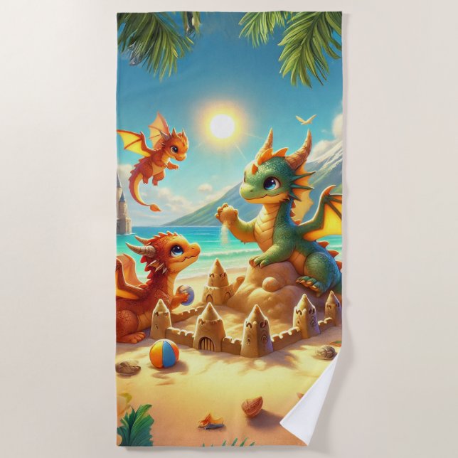 Niedliche Drachen Gebäude Sandburg am Strand Strandtuch (Vorderseite)