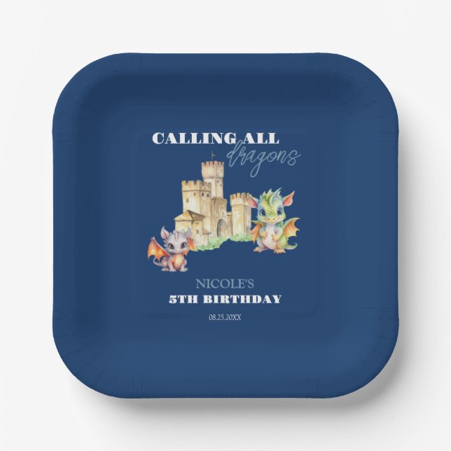Niedliche Dragons Castle Fairytale Navy Kindergebu Pappteller (Vorderseite)