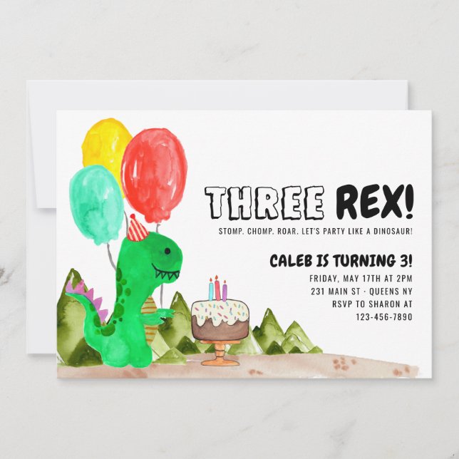 Niedliche DREI Rex Ballon Cake Dinosaur 3. Geburts Einladung (Vorderseite)