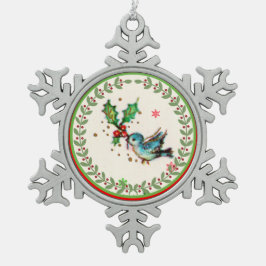 Niedliche Drossel mit grüner und roter Stechpalme Schneeflocken Zinn-Ornament