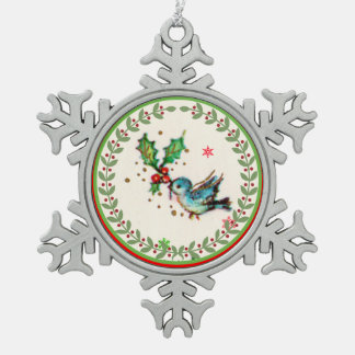 Niedliche Drossel mit grüner und roter Stechpalme Schneeflocken Zinn-Ornament