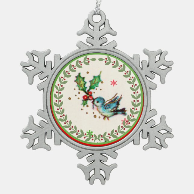 Niedliche Drossel mit grüner und roter Stechpalme Schneeflocken Zinn-Ornament (Vorderseite)