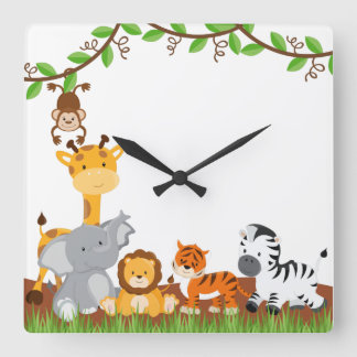Niedliche Dschungel-Baby-Tier-Wand-Uhren Quadratische Wanduhr