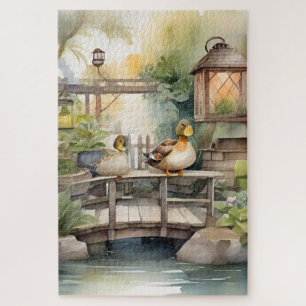 Niedliche Ducks mit Wasserfarbe auf einer Brücke