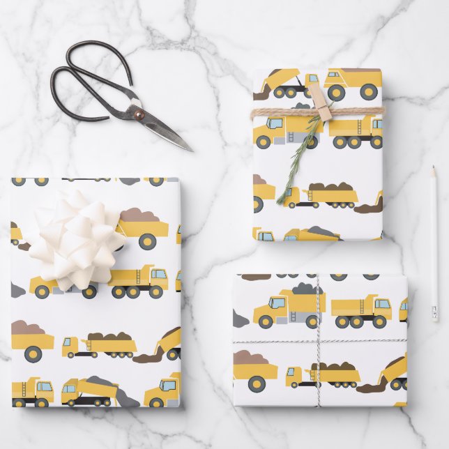 Niedliche Dump Trucks Bau-LKW Geschenkpapier Set (Vorderseite)