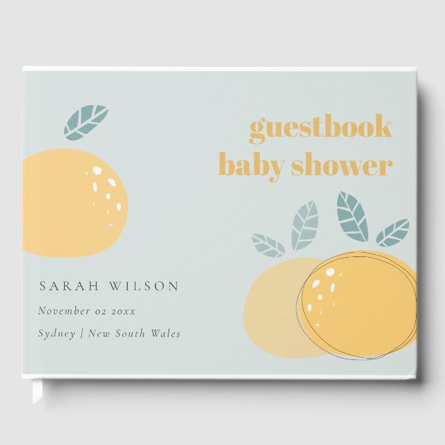 Niedliche Dusky Blue Lemon Fruity Bold Baby Dusche Gästebuch (Vorderseite)