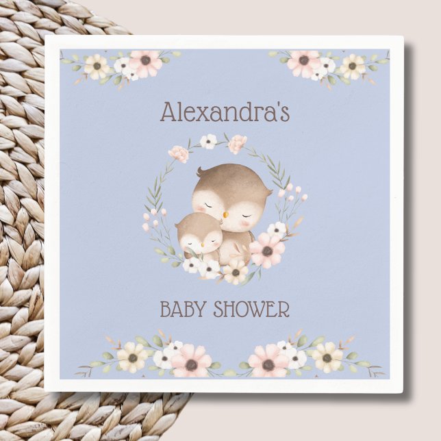 Niedliche Dusty Blue Floral Woodland Owl Babydusch Serviette (Von Creator hochgeladen)