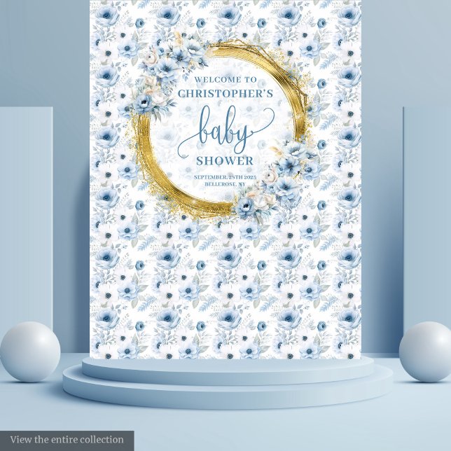 Niedliche Dusty Blue Gold Blume Babydusche Hinterg Wandteppich (Cute Dusty Blue Gold Flowers Baby Shower Backdrop

)