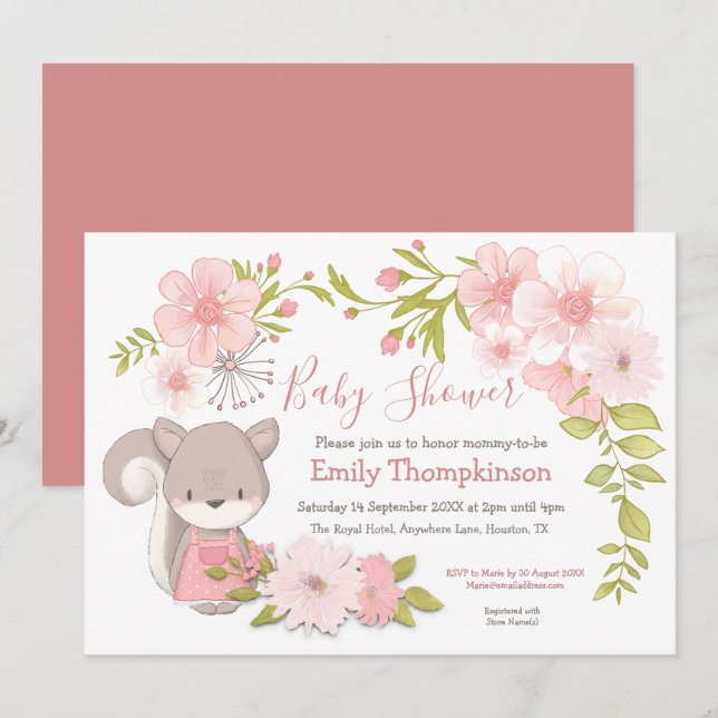 Niedliche Eichhörnchen-Blume Blätter Frame Baby Du Einladung (Vorne/Hinten)