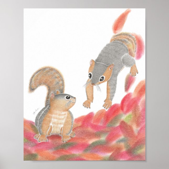 Niedliche Eichhörnchen Fallen Blätter Kinderzimmer Poster (Vorne)