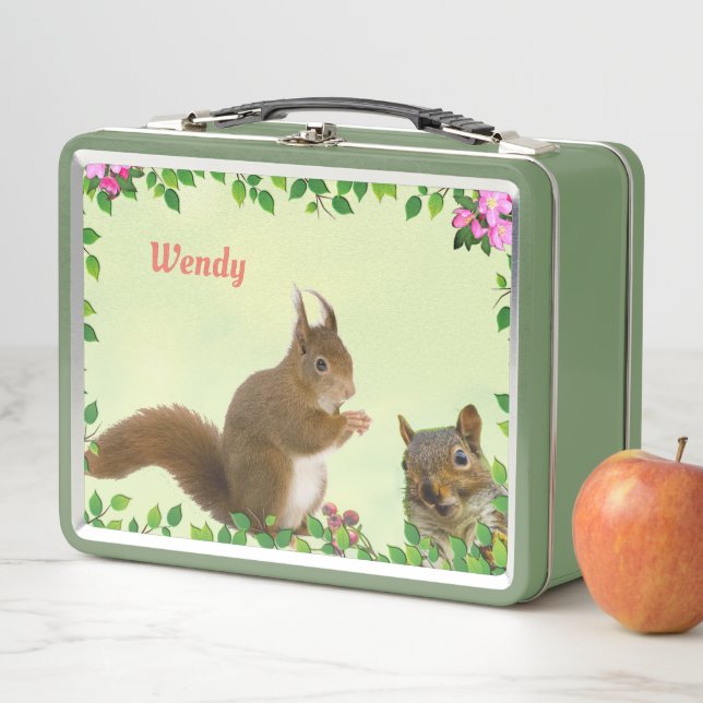 Niedliche Eichhörnchen und Apple-Blume auf hellgrü Metall Brotdose (Beispiel)