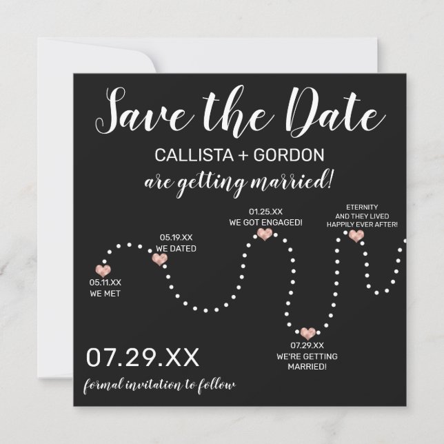 Niedliche Einfache Rose Gold White Black Timeline  Save The Date (Vorderseite)