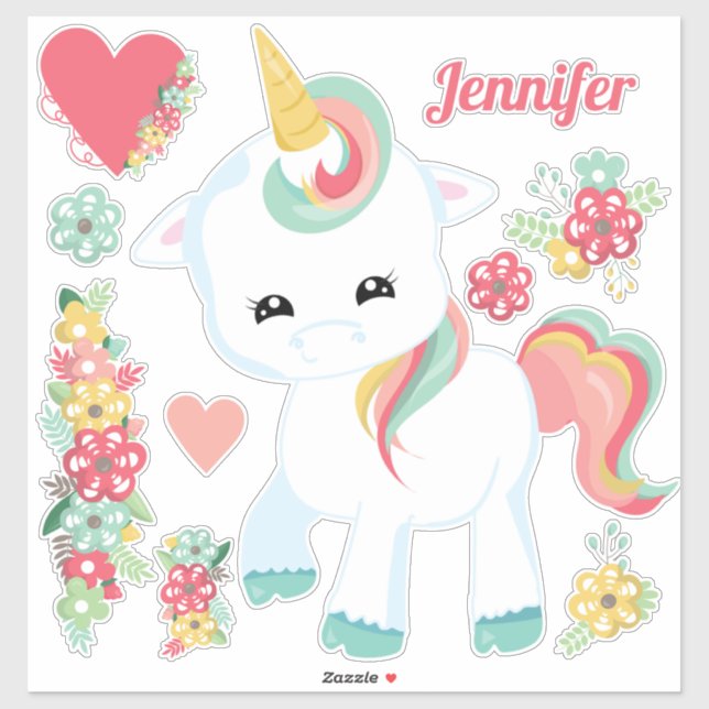 Niedliche Einhorn-Blume Hearts Girly Aufkleber (Blatt)