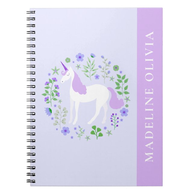Niedliche Einhorn-Blume Lila Personalisierter Name Notizblock (Vorderseite)