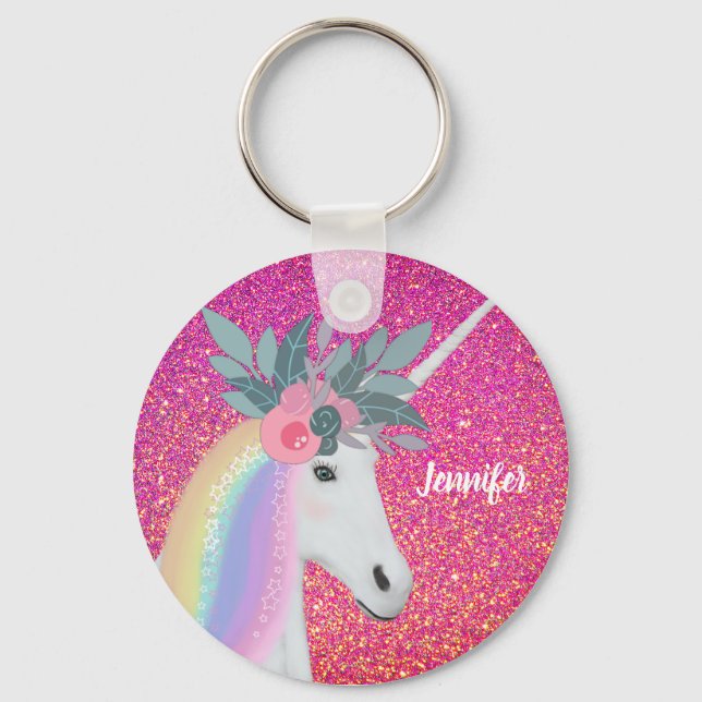 Niedliche Einhorn-Blume Rosa Glitzer Sparkle Custo Schlüsselanhänger (Vorderseite)