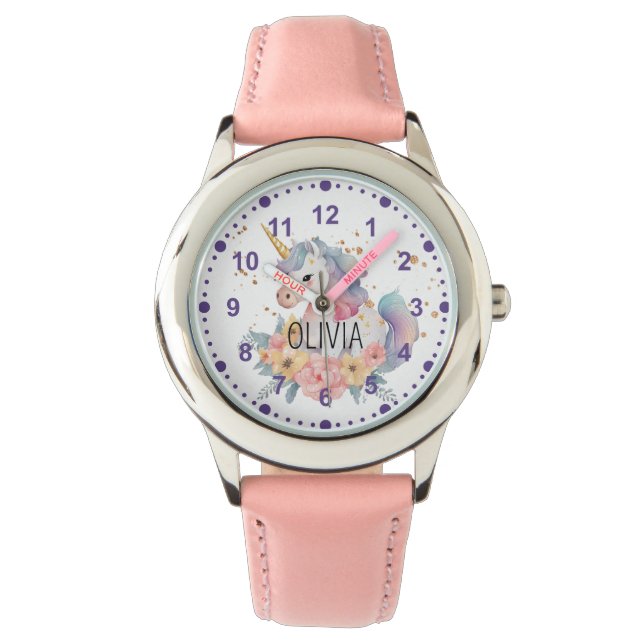 Niedliche Einhorn-Blume Rosa Individuelle Name Armbanduhr (Vorderseite)
