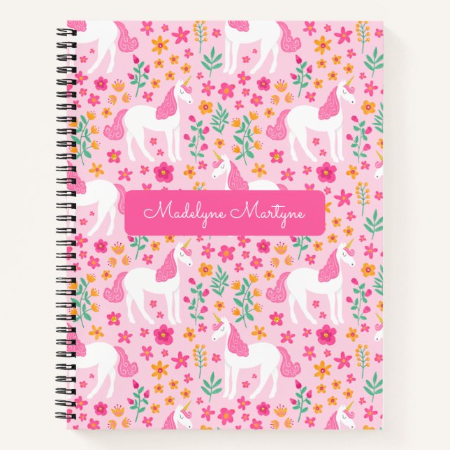 Niedliche Einhorn-Blume Rosa Personalisierter Name Notizbuch (Vorderseite)