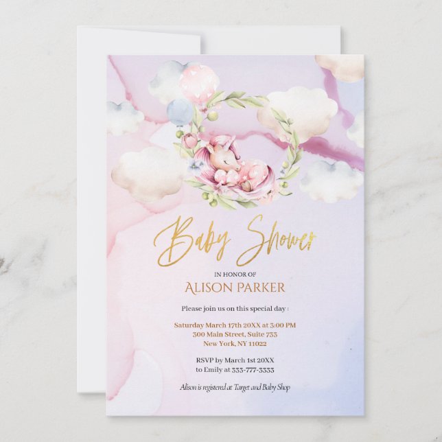 Niedliche Einhorn Blumengrün Pink Sky Babydusche Einladung (Vorderseite)