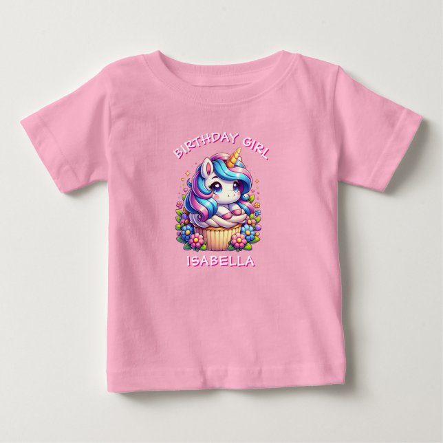 Niedliche Einhorn & Cupcake Personalisiert Geburts Baby T-shirt (Vorderseite)