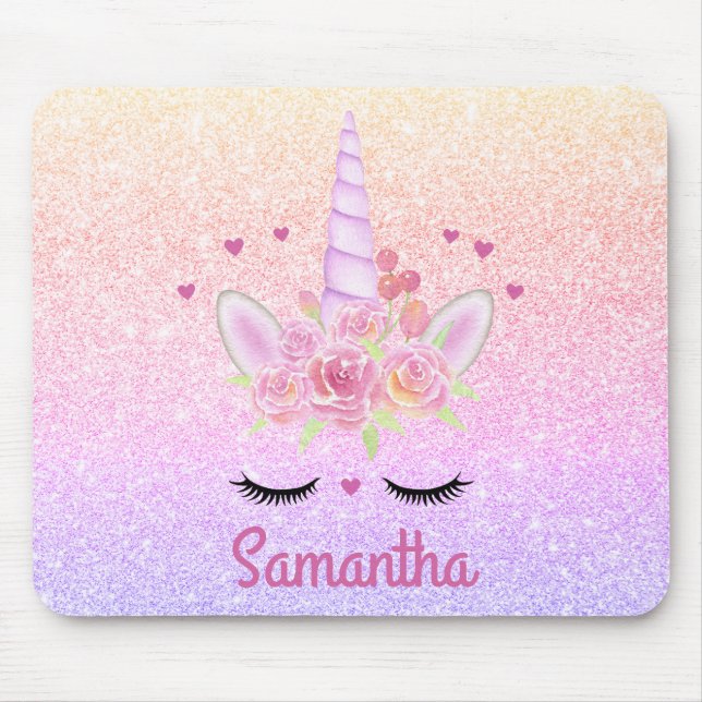 Niedliche Einhorn-Gesichtshaut Regenbogen-Glitzer  Mousepad (Vorne)