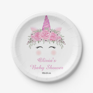 Niedliche Einhorn-Girl-Babydusche mit rosa Namen Pappteller